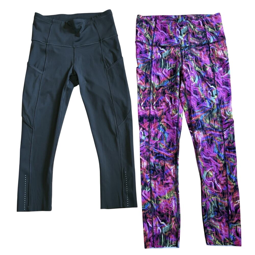 Lot Of 2 Lululemon 7/8 & Full Length Leggings Sz 4 Brown & Pink Marbled Pockets